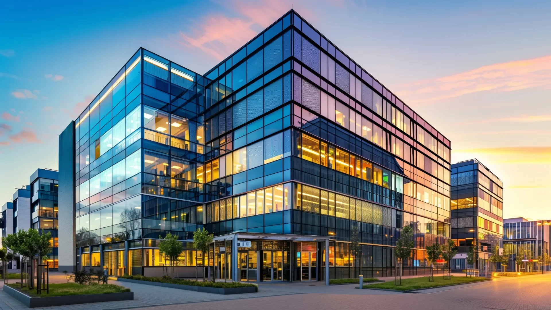 Modern commercial office building at sunset
